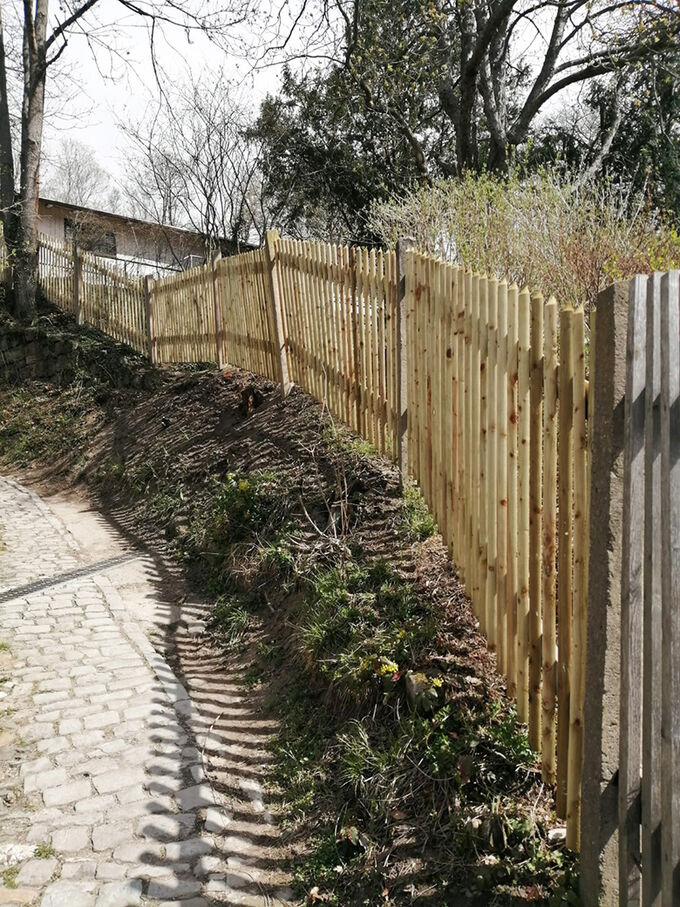 Ein schmaler Weg führt entlang eines Holzlattenzauns, der sich an einem Hang erstreckt. Im Hintergrund sind Bäume und Sträucher sichtbar. Die Sonne scheint, und der Boden ist mit Gras und kleinen Pflanzen bewachsen.