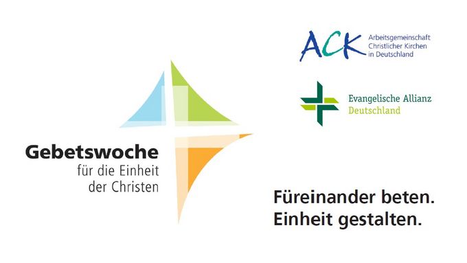 Logo der Gebetswoche für die Einheit der Christen mit dem Text "Füreinander beten. Einheit gestalten." sowie den Logos der ACK und der Evangelischen Allianz Deutschland.