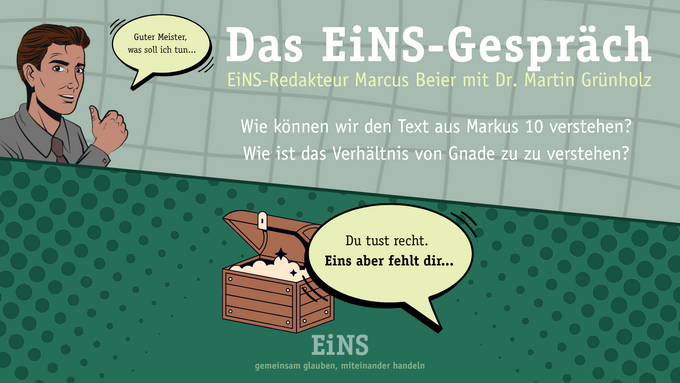 Illustration eines Gesprächs zwischen einem Mann und einer Sprechblase. Der Mann, dargestellt im Comic-Stil, spricht über biblische Themen. Im Hintergrund ist eine Schatzkiste mit einem Hinweis auf fehlendes Wissen zu sehen. Der Titel des Gesprächs ist „Das EiNS-Gespräch“.