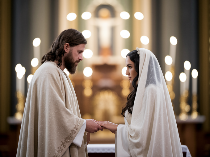 Ein Brautpaar steht sich in einer Kirche gegenüber, während sie sich die Hände halten. Der Bräutigam trägt ein helles Gewand, die Braut ist in ein elegantes, weißes Hochzeitskleid mit Schleier gekleidet. Im Hintergrund sind Kerzen und religiöse Symbole sichtbar.