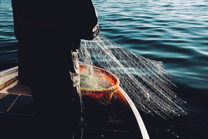 Eine Person steht in einem Boot und hält ein Fischernetz über der Wasseroberfläche. Neben ihnen befindet sich ein orangefarbener Eimer. Das Wasser ist ruhig und reflektiert das Licht.