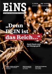 Das Cover des Magazins "EiNS" zeigt eine stilisierte Krone und Dornen, mit dem Titel "Denn DEIN ist das Reich..." und dem Untertitel "Damit Macht nicht auf Abwege gerät". Es behandelt Themen wie Glaube, Politik und Hoffnung. (Text KI generiert)
